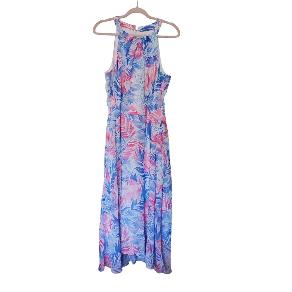 Nicole Miller New York Tropical Palm Print Halter Maxi Dress Blue Pink Size 14